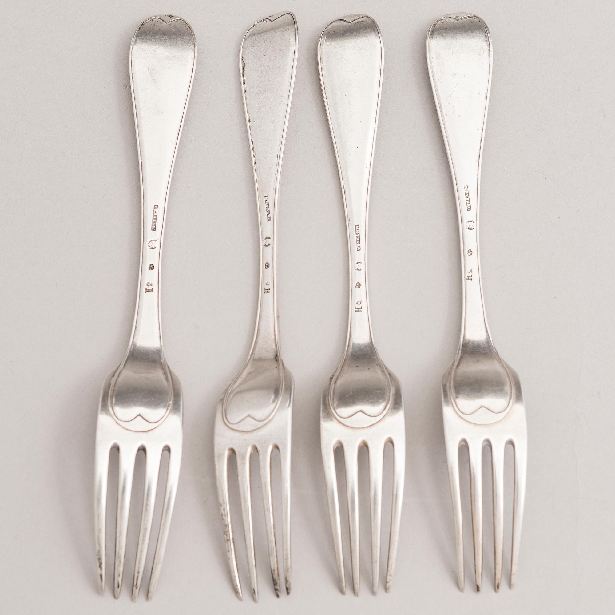 A set of four 18th-Century silver dinner forks, mark of Mikael Nyberg, Stockholm 1790-92.