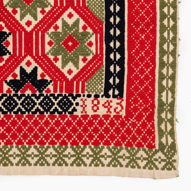 A bed cover, flat weave, c. 186 x 134 cm, Western Scania, signed THS and dated 1843.