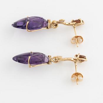 Carved amethyst, tourmaline and brilliant cut diamond earrings.