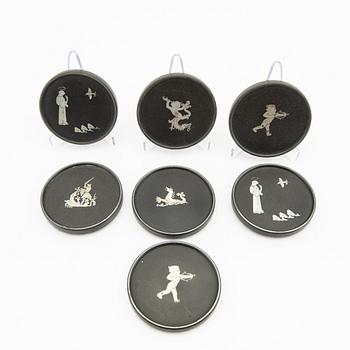 Wilhelmina "Tiddit" Wendt, coasters 7 pcs, isolite with silver inlays, Perstorp, Helsingborg 1956.