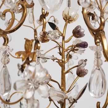 A French Louis XV-style six-branch gilt-bronze, rock crystal and amethyst chandelier, 19th century.