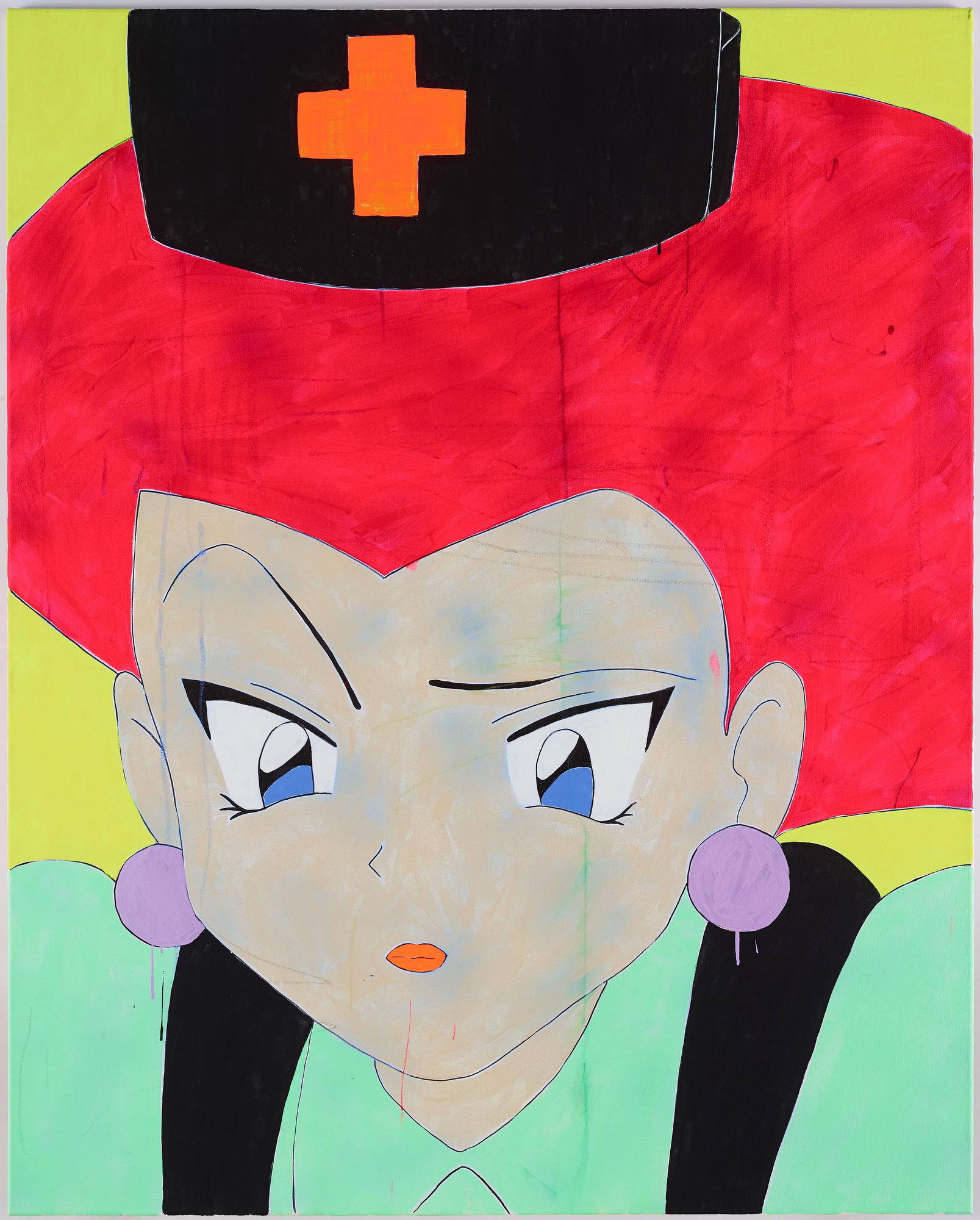 Michael Pybus, acrylic, graphite, oil pastel, UV blacklight glow paint, permanent pigmented ink on canvas. Signed, 2016.