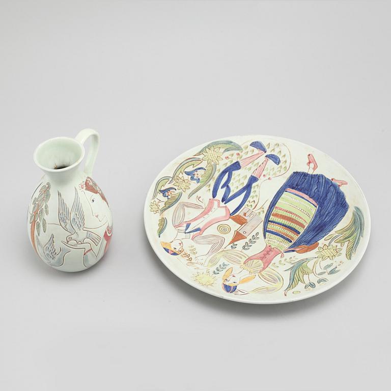 A stoneware dish and a jug for Rörstrand, stamp marked.