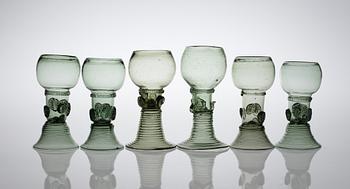 379. A set of 6 green white wine glasses, 18th century.