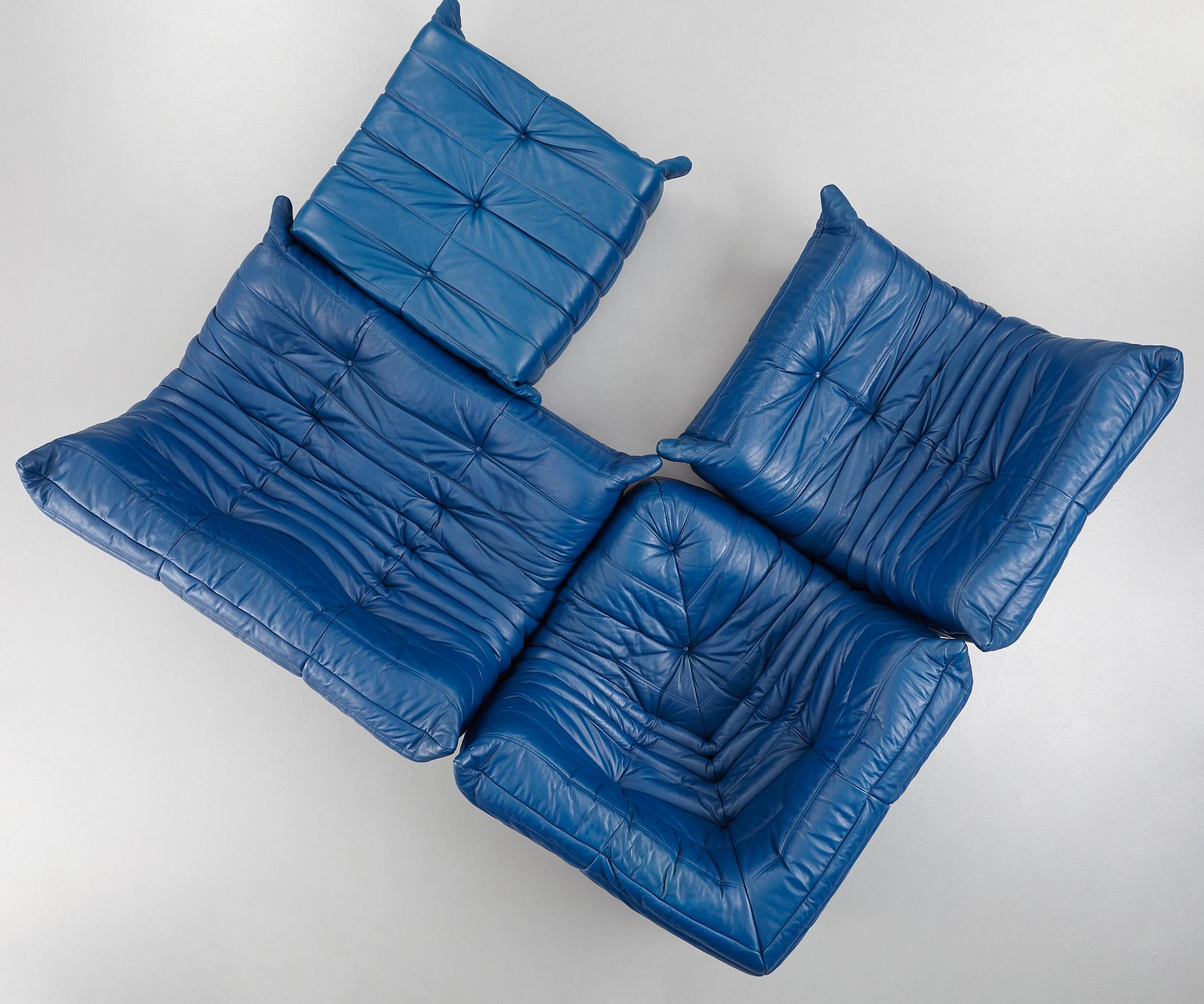 Michel Ducaroy, a blue leather 'Togo' sofa, Ligne Roset, France, presumably 1980s.