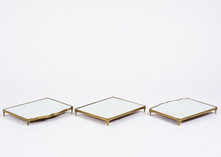 A Gustavian three-piece brass and glass surtout de table, Stockholm, later part 18th century.