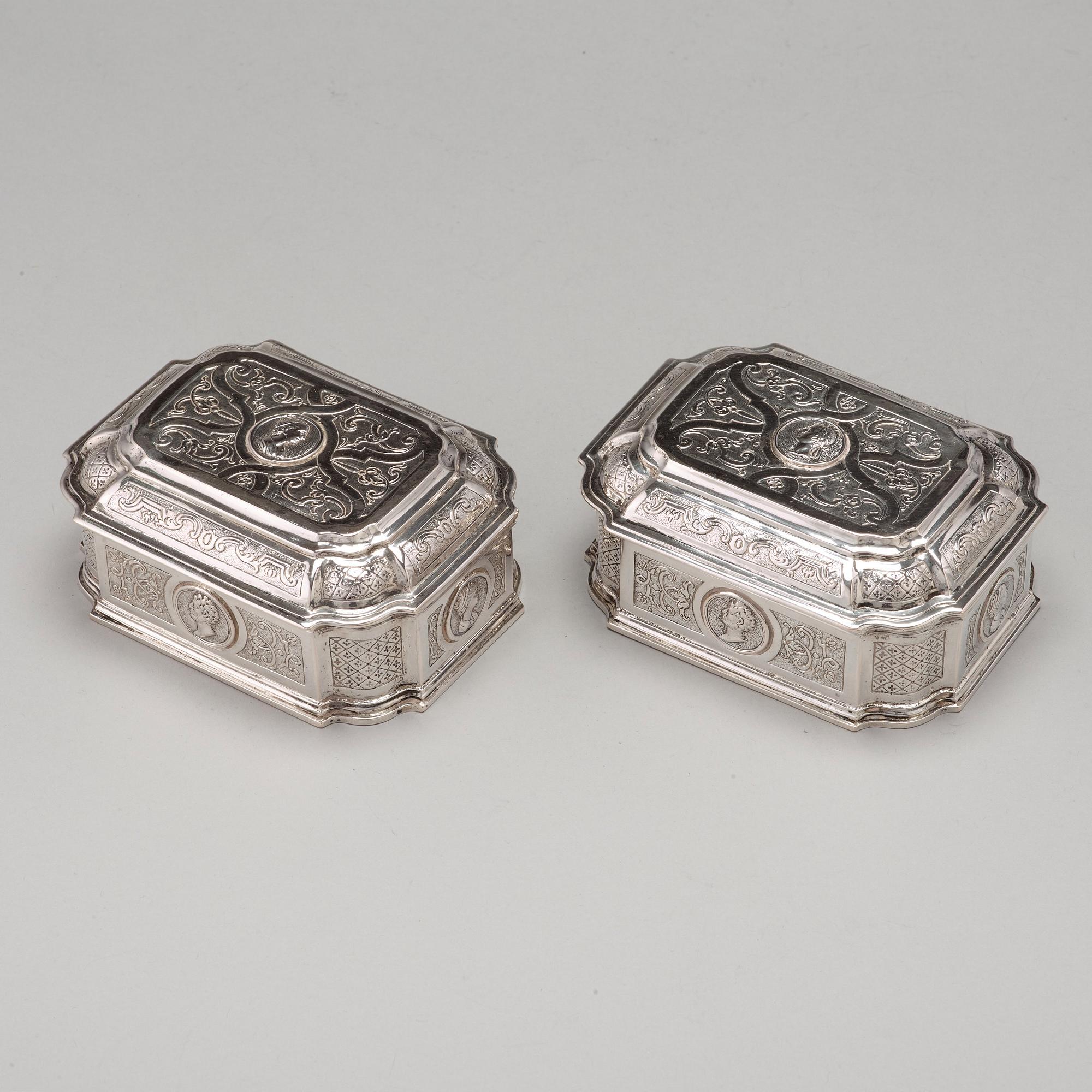 A Swedish 18th century 7 piece silver toilet service, mark of Johan Lorenz Starin, Stockholm 1736.