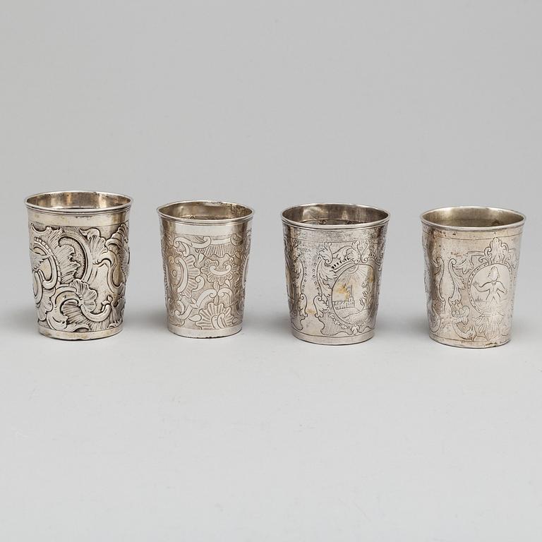 Four Russian 18th century silver beakers.