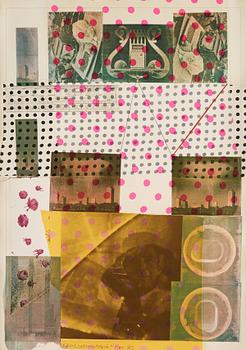 13. Robert Rauschenberg, ROBERT RAUSCHENBERG, Silkscreen in colours and with collage of fabric and a ruler signed and dated 1983, numbered 21/125.