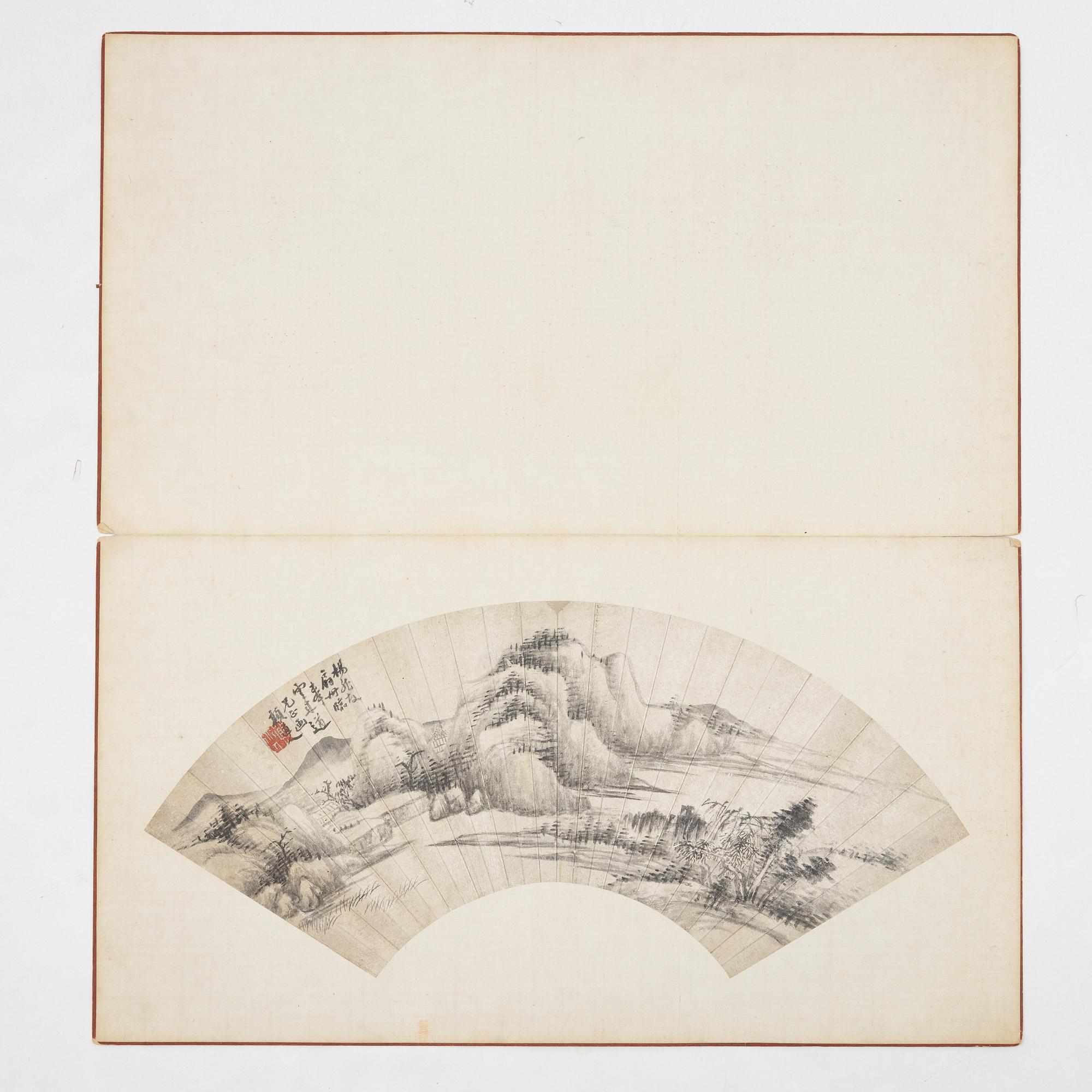 Oidentifierad konstnär, s.k. "Solfjädersmålning", Bergigt flodlandskap, Kina, 1900-tal.