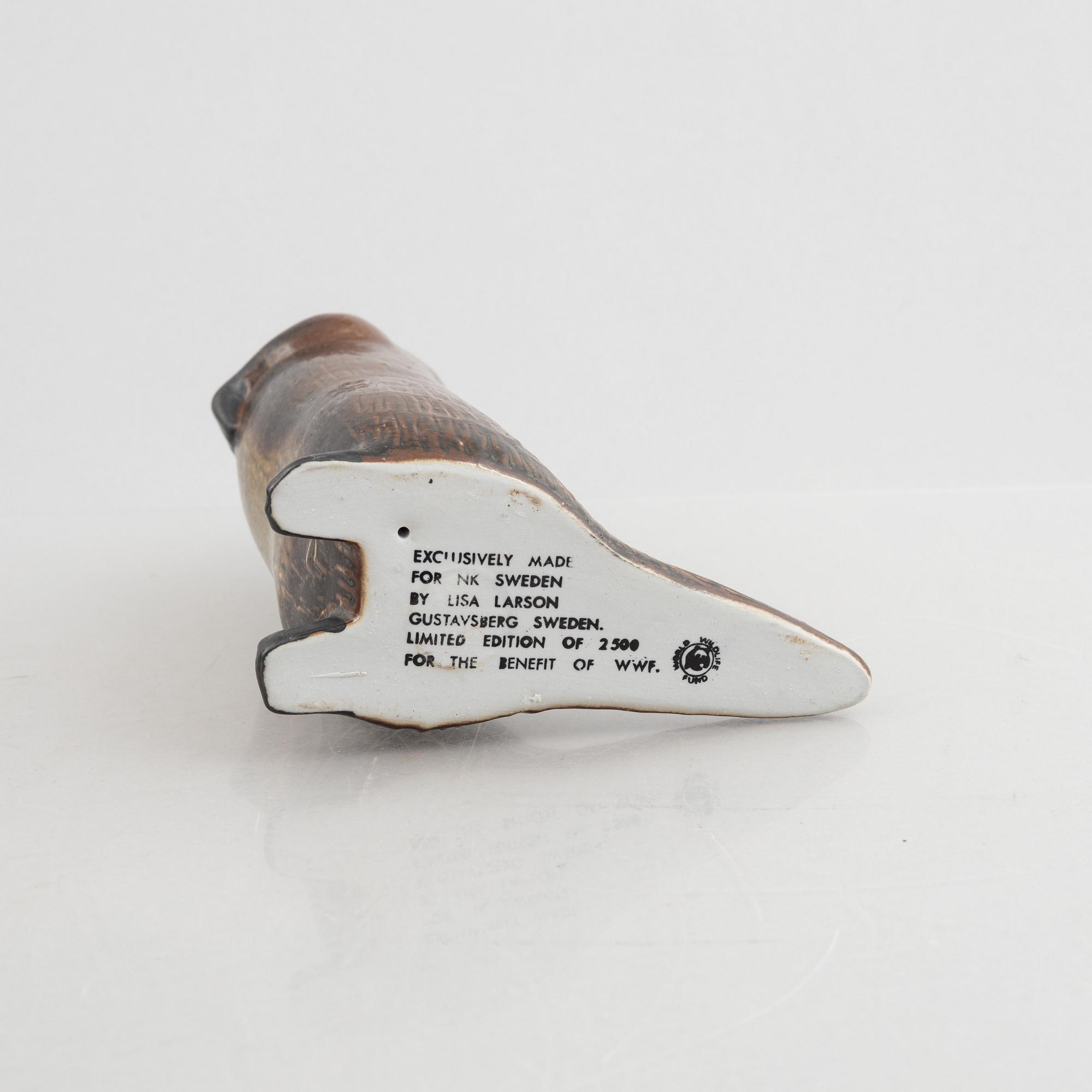 Lisa Larson, two stoneware figurines, 'Utter'(Otter) & 'Visent'(Wisent), WWF & Nordiska Kompaniet, Gustavsberg, 1975-87.