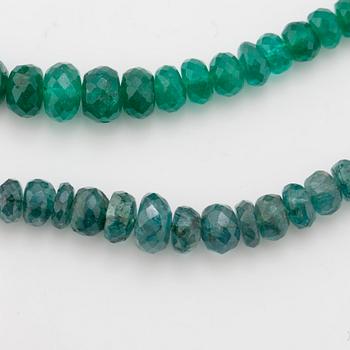 TWO NECKLACES, with emerald and probably green tourmaline.