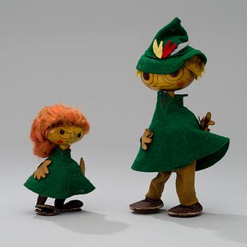 MOOMIN FIGURINES, Snufkin and Little My, Atelier Fauni, Finland 1950s/60s.