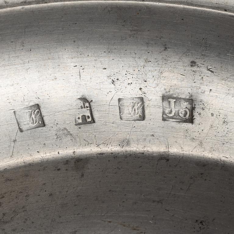 A group of eight Swedish pewter dishes, 18th-20th Century, including Mathias Norling, Jönköping, 1863.