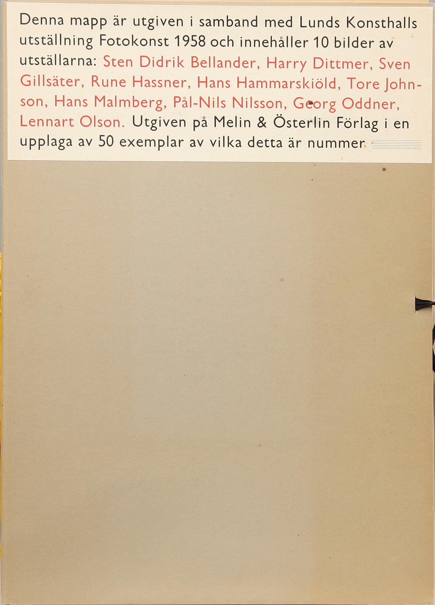 FOTOMAPP, 10 fotografier, "Fotokonst  1958" 50 ex. Lunds Konsthall. Melin & Österlin Förlag.