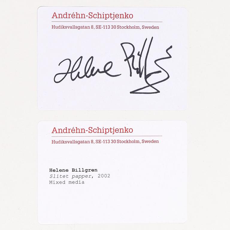 HELENE BILLGREN, mixed media, "Slitet papper", signerad a tergo. Daterad 2002.