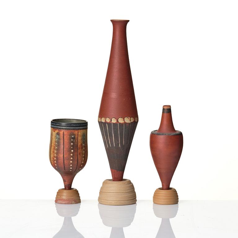 Wilhelm Kåge, a set of three miniature  'Farsta Spirea' stoneware vases, Gustavsberg studio, Sweden, one dated 1958.