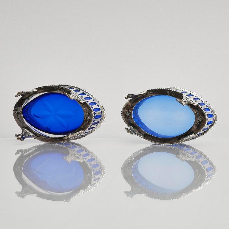 A pair of Swedish Gustavian 18th century silver and blue glass salt-cellars, marks of Olof Sedin, Gävle 1793.