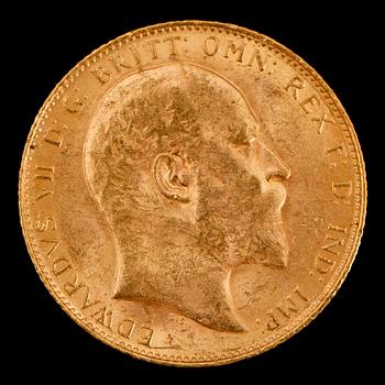 GULDMYNT, sovereign, Edward VII, Storbritannien, 1910. Vikt ca 8 g.