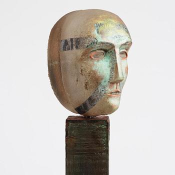 Bertil Vallien, a unique sand cast glass sculpture, head on stand, Kosta Boda, Sweden.