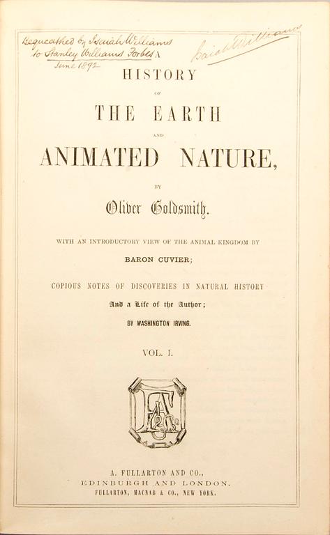 OLIVER GOLDSMITH 'A History of The Earth and Animated Nature' I-II, hand colored plates, c 1870.