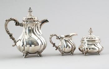 KAFFESERVIS, 3 delar, silver, Tyskland, svenska importstämplar. Vikt ca 1115 gram.