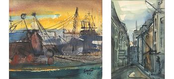 Bertil Gadö, Harbour scene and city scene, two pieces.