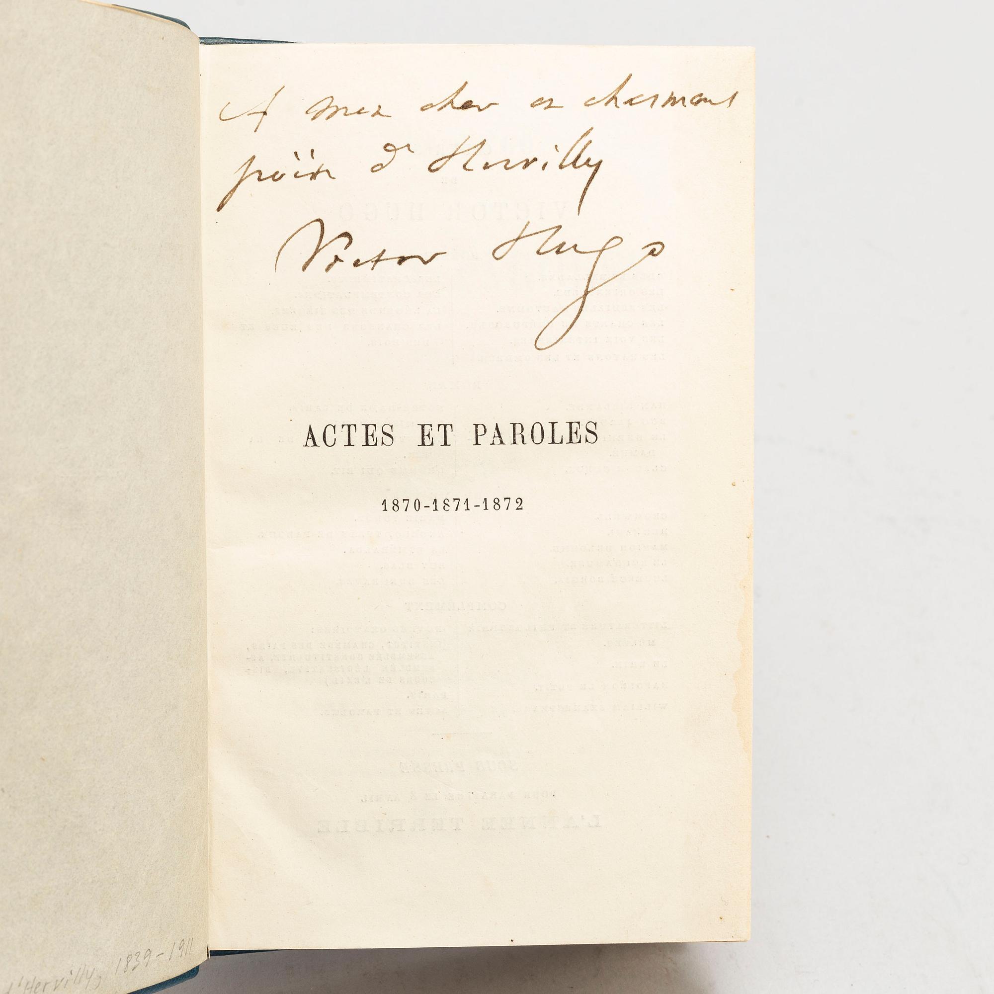 BOOK, Inscribed by Victor Hugo to a close friend.