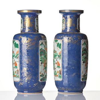 A pair of famille verte and powder blue 'roleau' vases, late Qing dynasty.