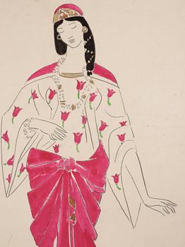 Isaac Grünewald, Costume sketch - woman in a dress with rose pattern.