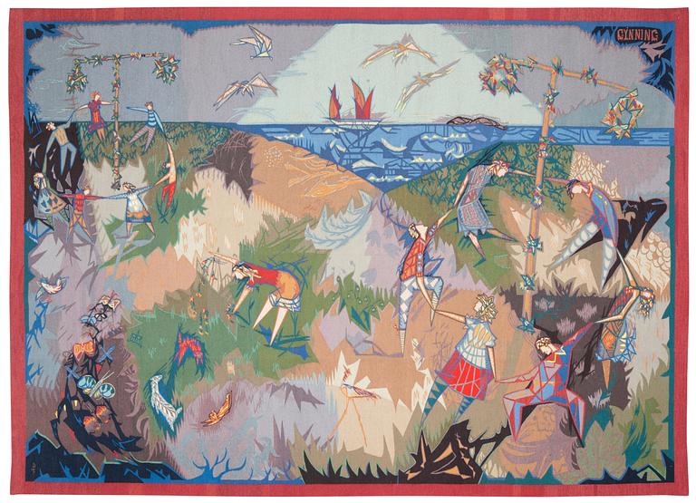 TAPESTRY. "Midsommardans" ("La danse de la Saint-Jean"). Tapestry weave. 235 x 326 cm. Signed PF GYNNING.