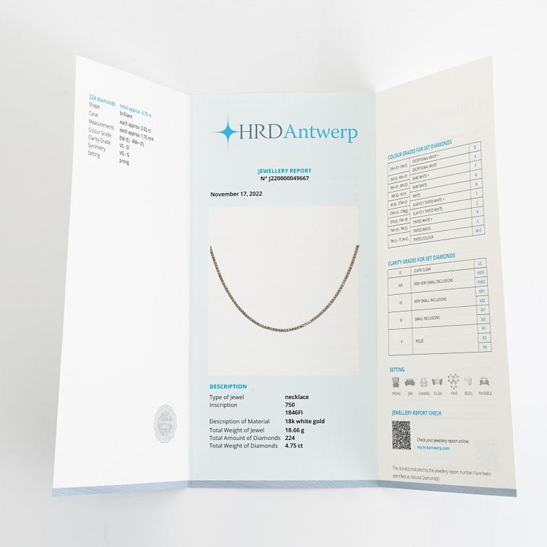 Collier, rivière, med briljantslipade diamanter, med HRD report.