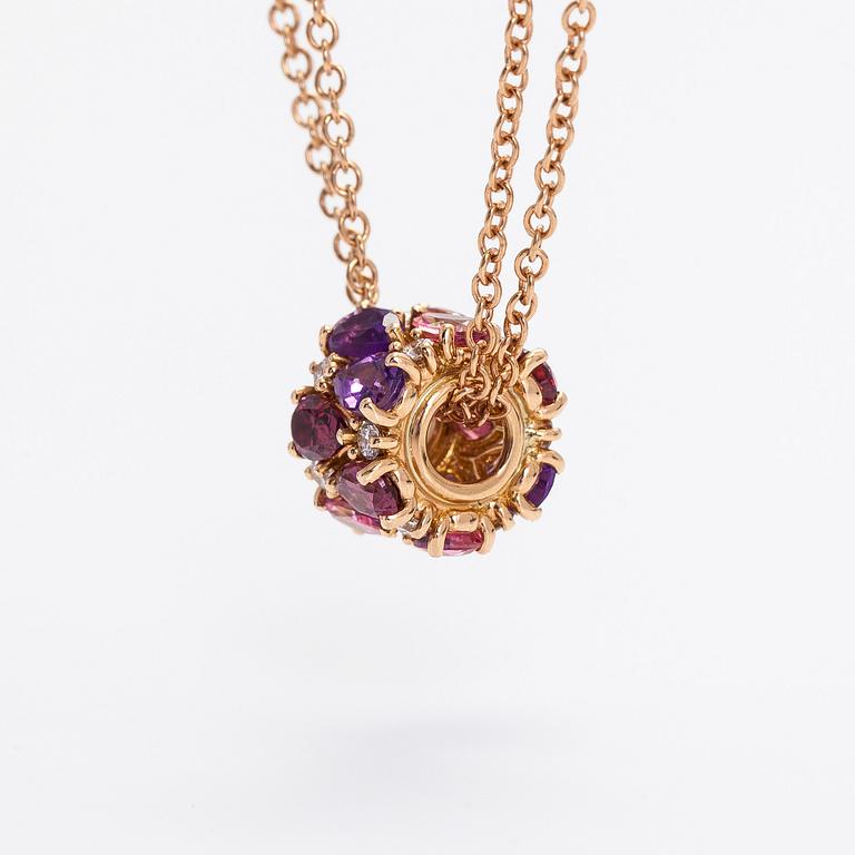 An 18K rosegold necklace, pendant set with diamonds, pink sapphires and amethysts. Oro Trend, Italy.