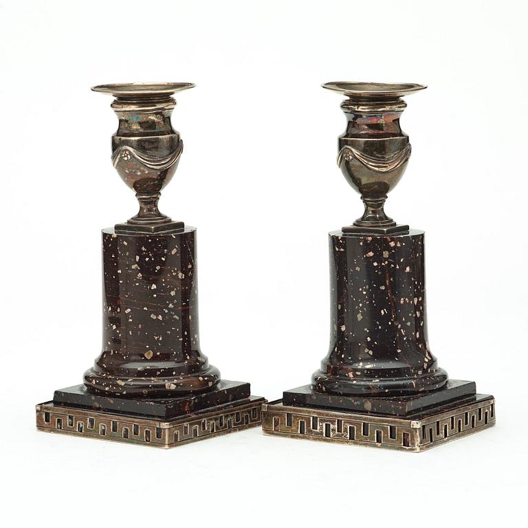 A pair of porphyry and silver candlesticks by Anders Christian Levon, Åbo 1799.