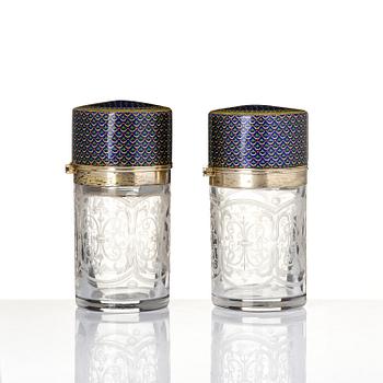 A pair of engraved and glass flacongs with gilt enamelled covers, France/Russia, 19th century.