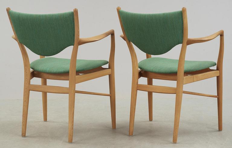 A Finn Juhl dining set of a teak and beech table, four beech 'BO-63' chairs and two armchairs, Bovirke. Denmark.