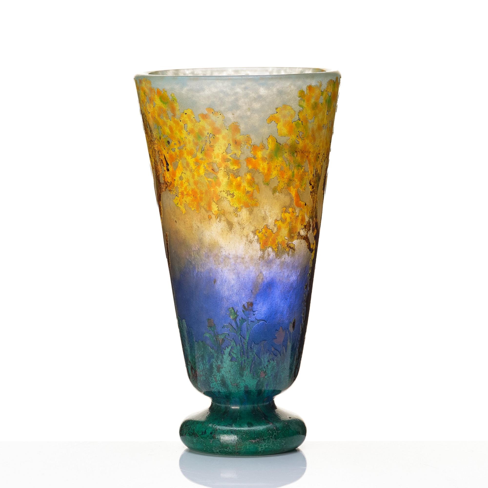 an art Nouveau cameo glass vase with autumn trees, Nancy, France.