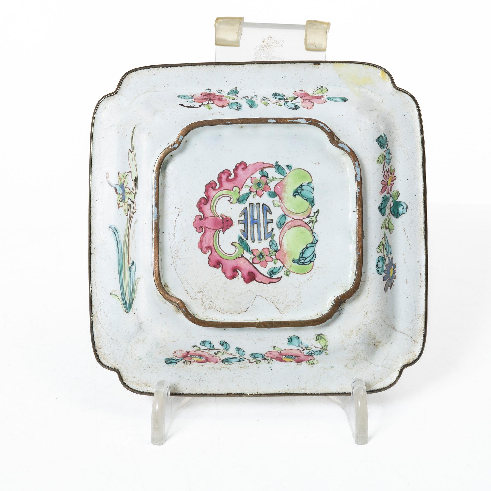 A set of six Chinese enamel on copper bowls and a dish, Qing dynasty and 20th century.