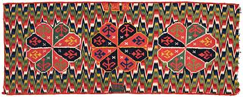 247. A CARRIAGE CUSHION, "Three rosettes", double interlocked tapestry,  ca 47,5 x 120  cm, signed and dated HMD 1815,