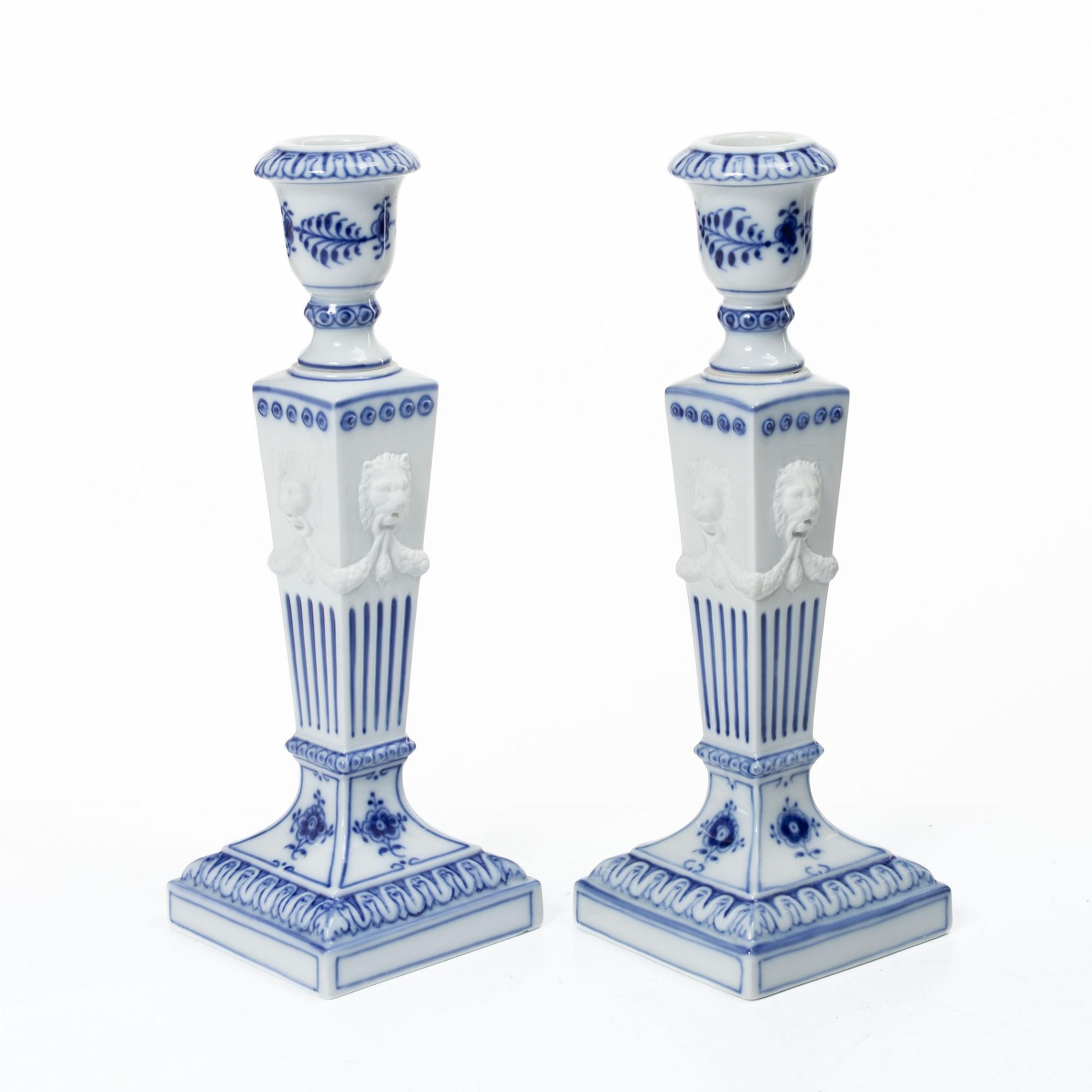 Royal Copenhagen, Candlesticks, a pair, porcelain, "Musselmalet", Denmark, 1935–1936 & 1980–1984.