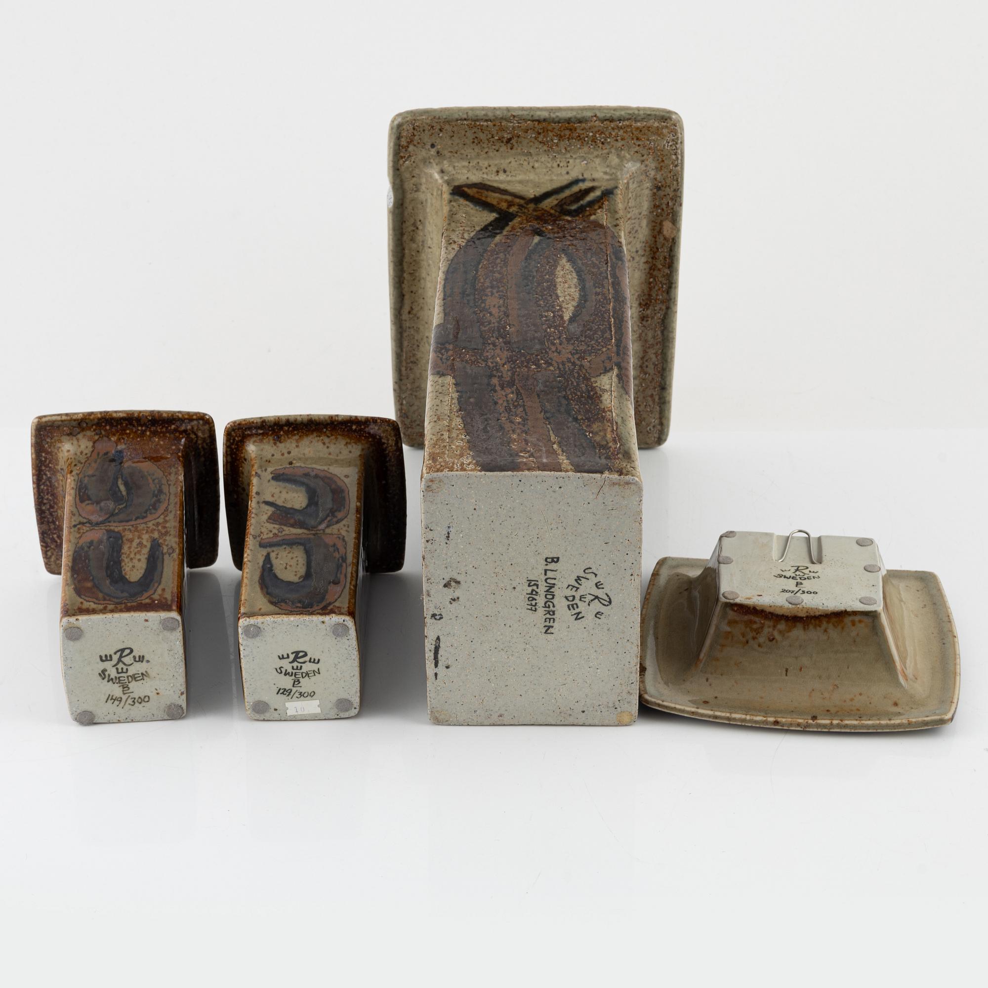 Bertil Lundgren, a group of three vases and a bowl / wall relief, Rörstrand.