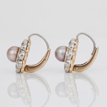 A pair of possibly natural pearl and diamond earrings. Pearls  6.2-6.4 mm. Total carat weight of diamonds circa 2.55cts.