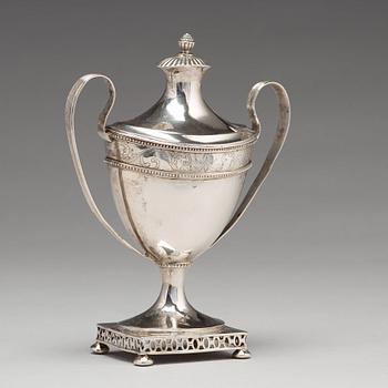 A  Swedish late 18th century silver sugar bowl and cover, mark of Olof Hellbom, Stockholm 1797.