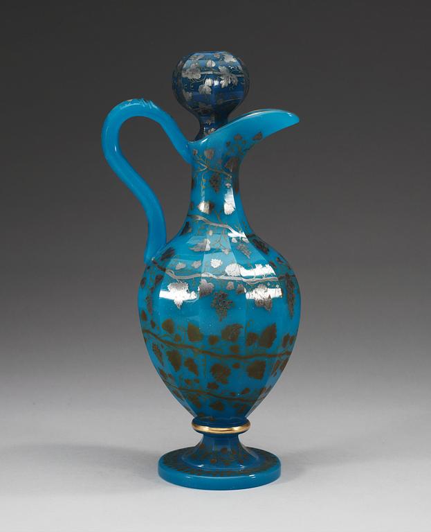 A Russian turquoise glass ewer with stopper, 19th Century.