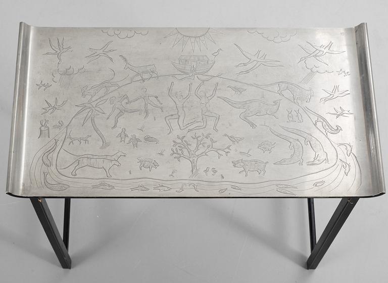 A Nils Fougstedt and Björn Trägårdh set of three engraved pewter top tables by Firma Svenskt Tenn ca 1930.