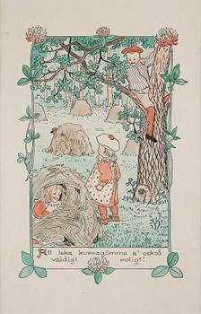 Elsa Beskow, "Att leka kurragömma ä' också väldigt roligt", illustration for "Barnen på Solbacka".