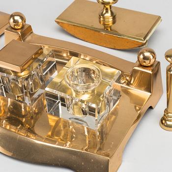 SIX PIECES BRASS INKWELL DESK SET, first half of the 20th century.