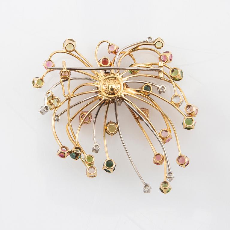 CF Carlman, Brooch 18K gold set with round brilliant-cut diamonds and faceted gemstones, Stockholm 1955.