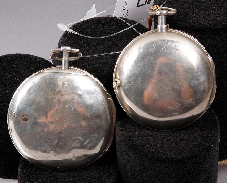 FICKUR, 2 st, silver, bla Wallerius, Norrköping. Tidigt 1800-tal.