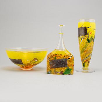 Bertil Vallien, a glass vase, a bottle and a bowl, Artist Collection, Kosta Boda.